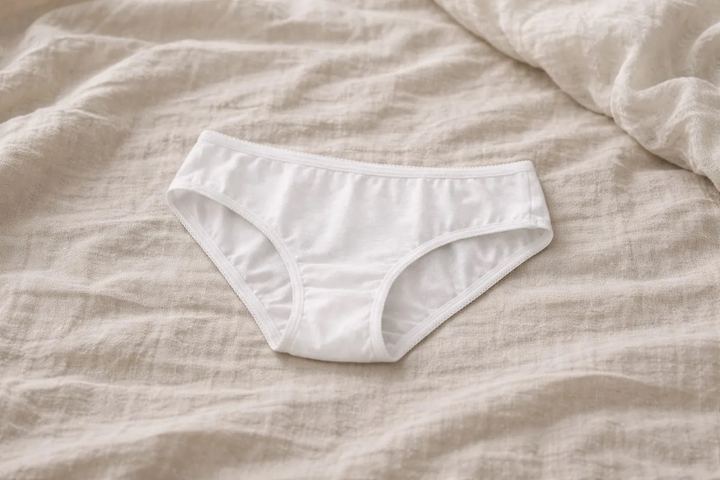 White cotton panties, worn, lying on a bed