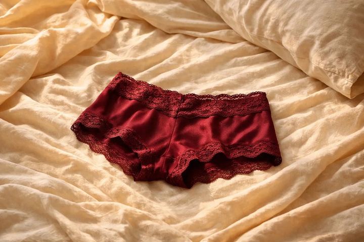 Burgundy boyshorts, worn, lying on a bed