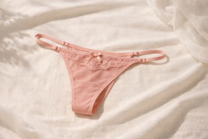 Pink thong, worn, lying on a bed